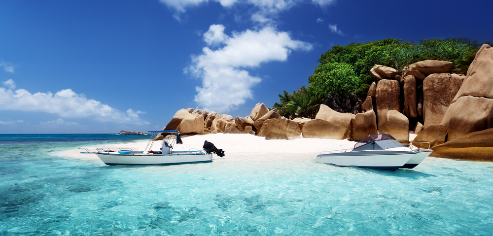 speed boat on the beach of Coco Island, Seychelles